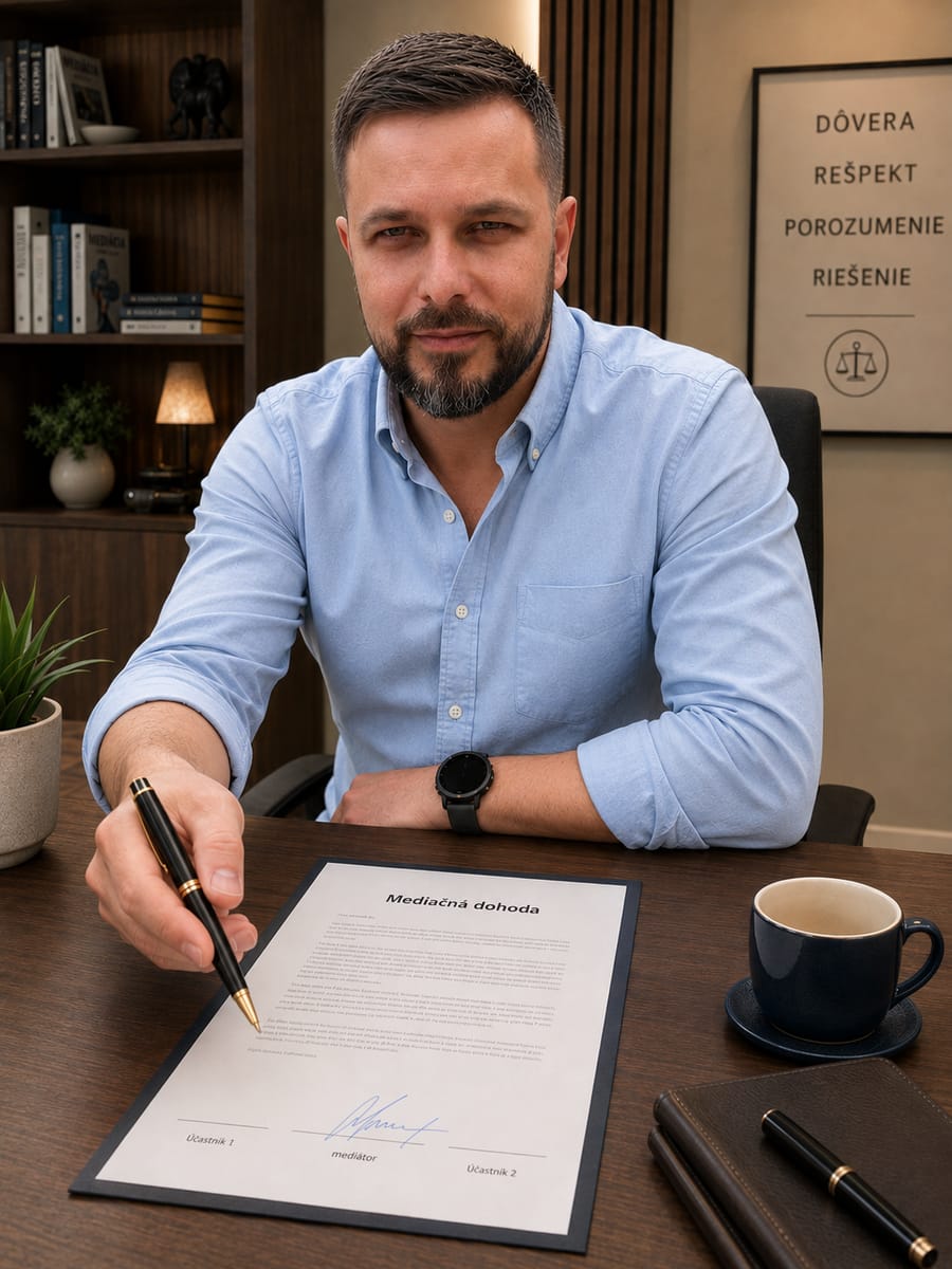 Mediátor Mgr. Jaroslav Brezina podpisuje mediačnú dohodu vo svojej kancelárii