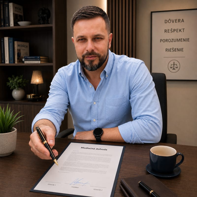 Mediátor Mgr. Jaroslav Brezina vo svojej kancelárii