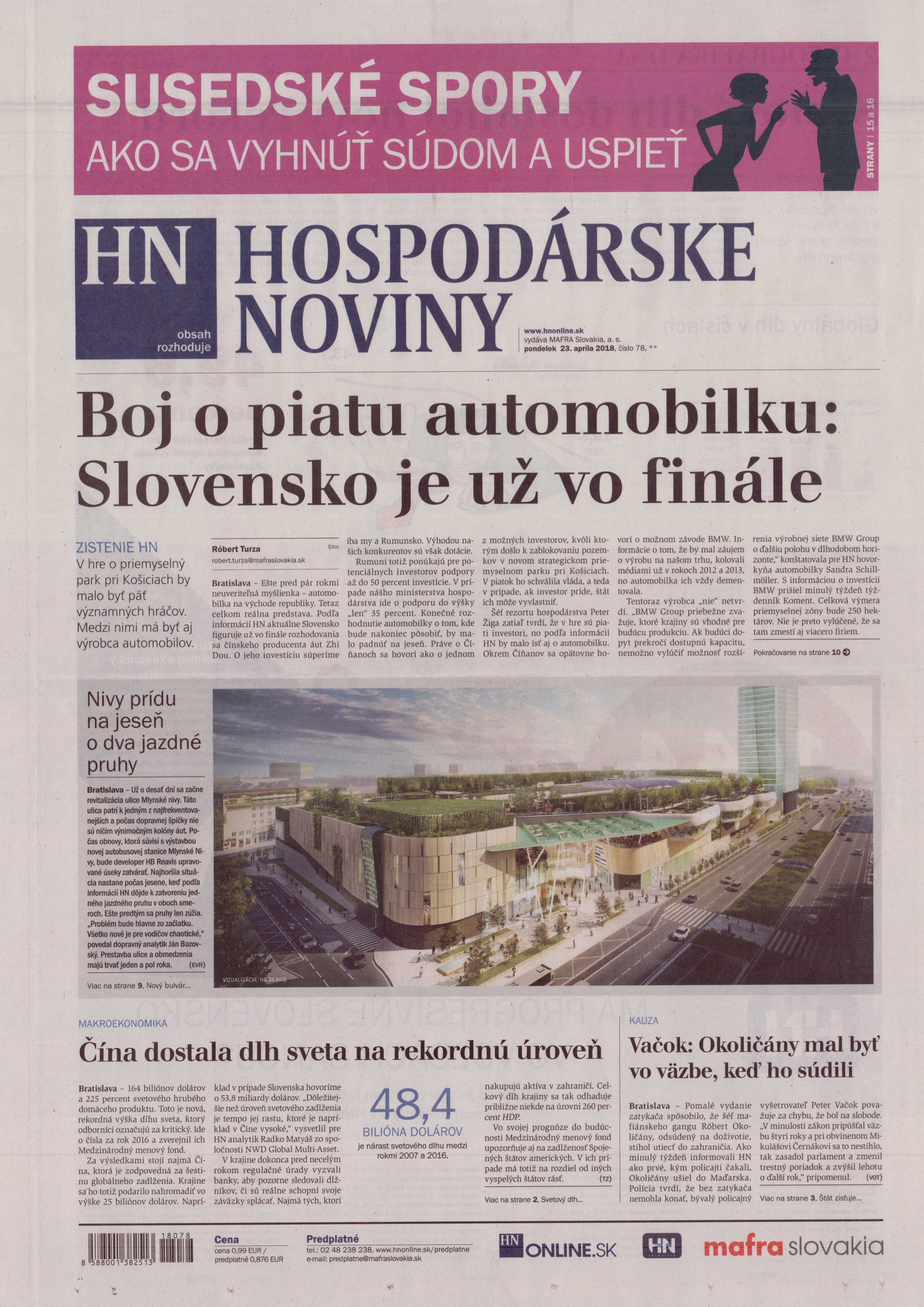 Hospodárske noviny titulka 23.4.2018