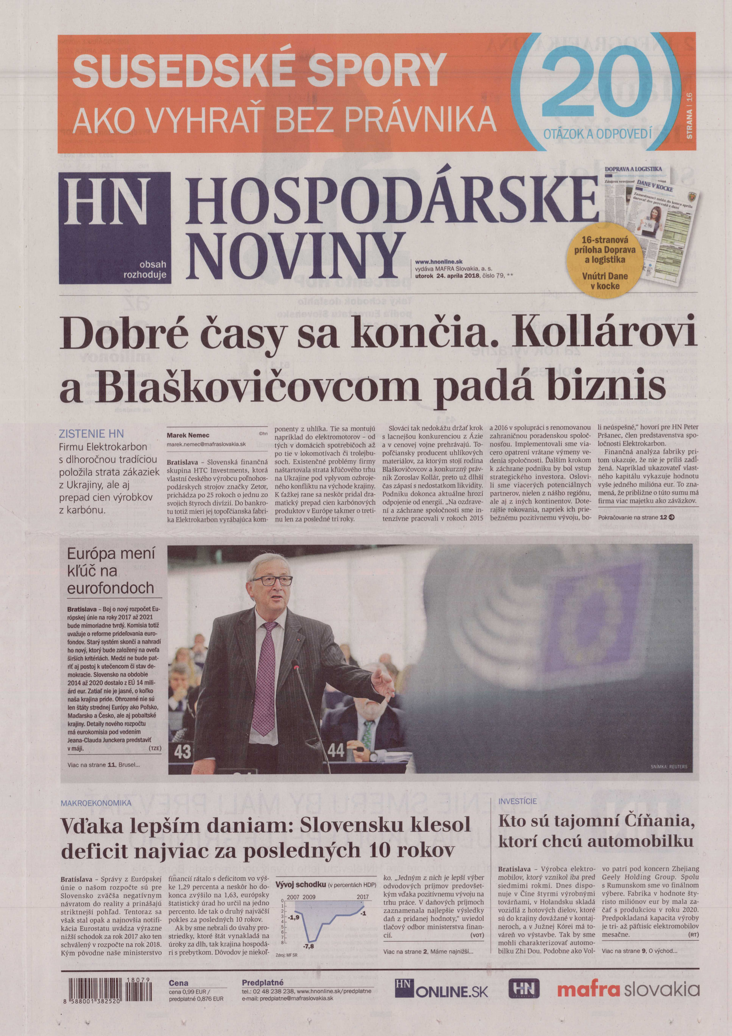 Hospodárske noviny titulka 24.4.2018